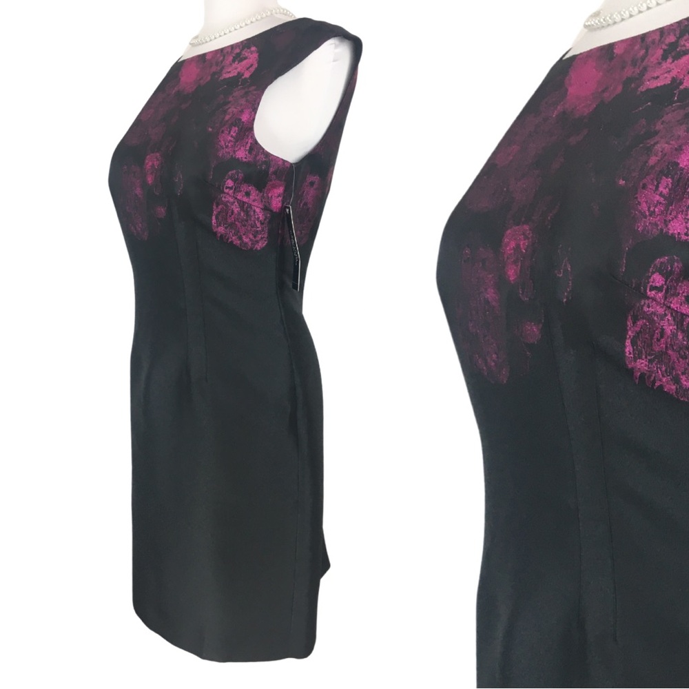 Tahari Black Pink Floral Jacquard Sleeveless High Neckline Sheath Dress size 12 - Picture 2 of 16